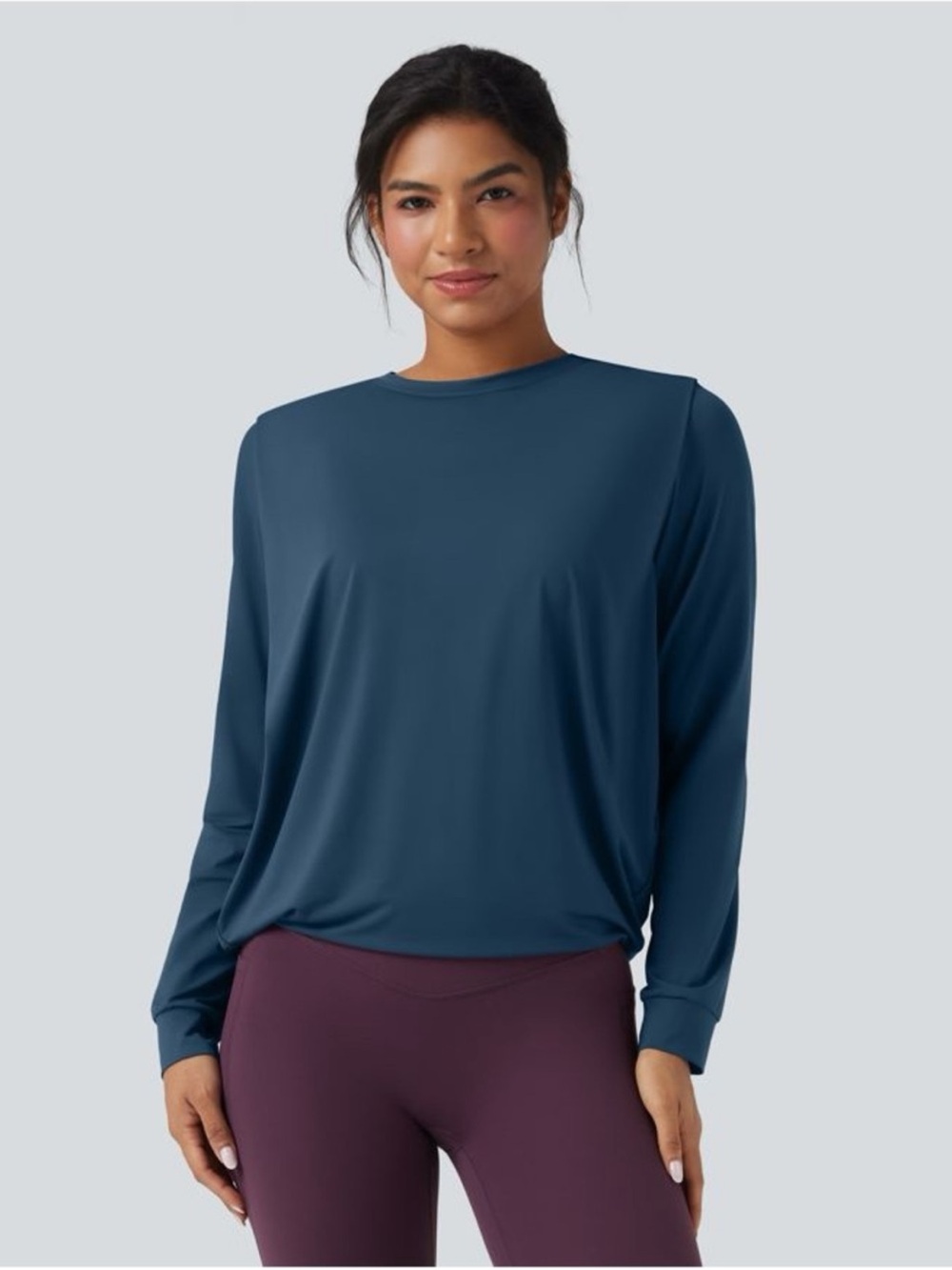 Halara Round Neck Long Sleeve Ruched Yoga Athletic Top NEW Sz L Blue
